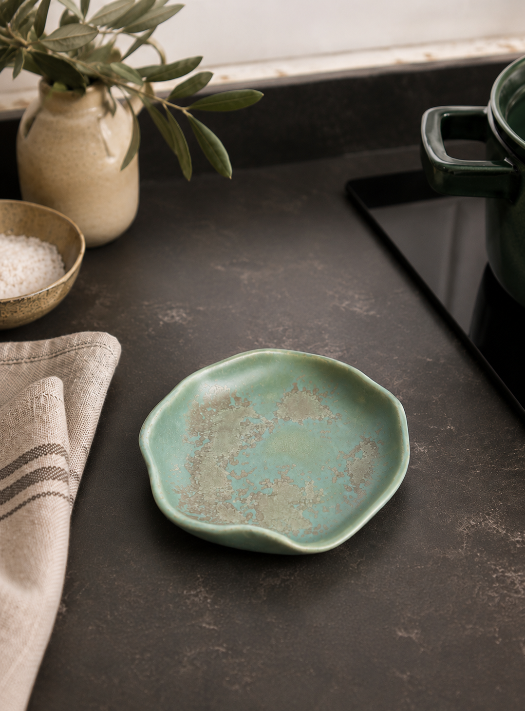 Platito reposacucharas de cerámica artesanal – Verde Agua