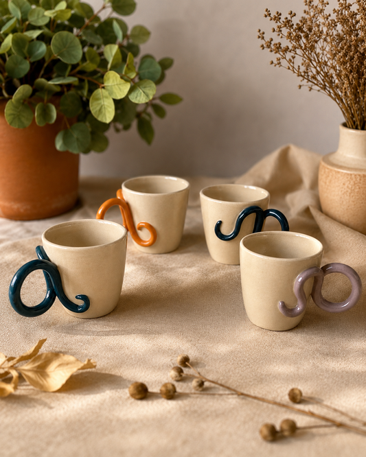 Tazas de cerámica artesanal con asa escultórica