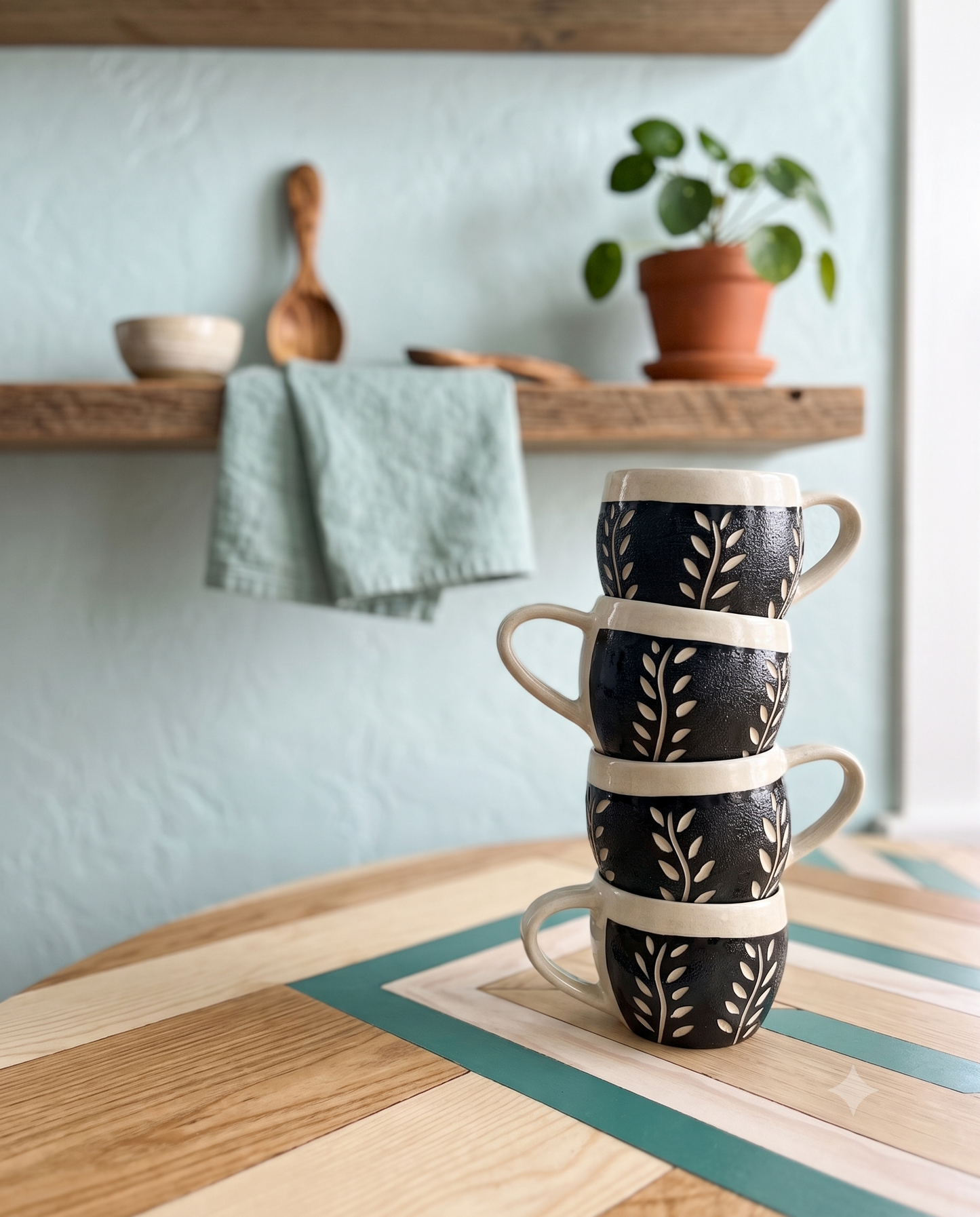 Tazas de cerámica hechas a mano con decoración floreal